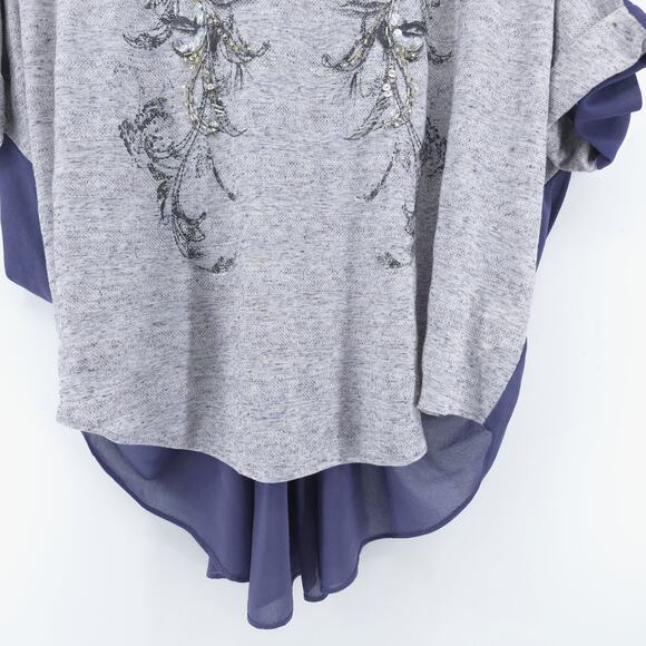 Miss Me Medium Boho Beaded Floral Periwinkle Romantic Top Chiffon Gathered Back - Picture 3 of 11